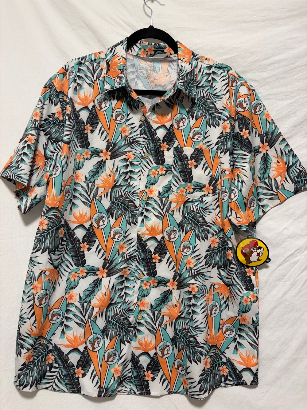 NWT Buc-ee’s Men's Tropical Short-Sleeve Button-Up Shirt - Orange & Teal XL